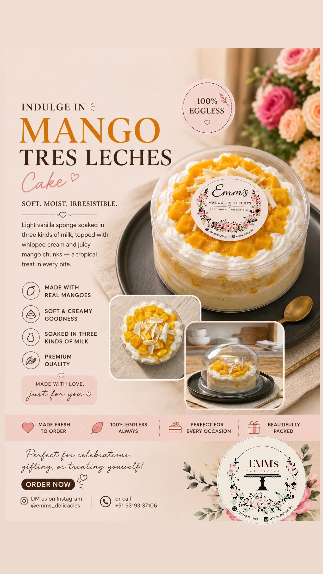 Mango tres leches (eggless)